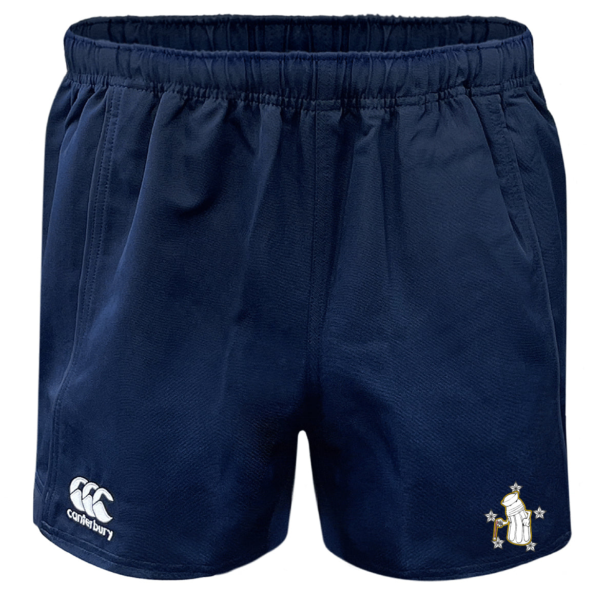 The Five Star Rugby Player's Drill Short by EMB Canterbury features an elastic waistband, Canterbury logo on the left leg, and a penguin crest on the right in navy blue.