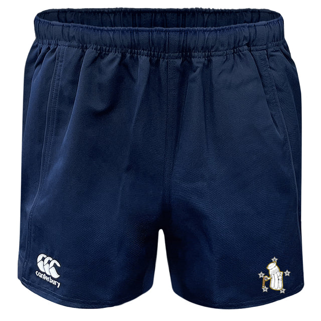 The Five Star Rugby Player's Drill Short by EMB Canterbury features an elastic waistband, Canterbury logo on the left leg, and a penguin crest on the right in navy blue.