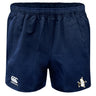 The Five Star Rugby Player's Drill Short by EMB Canterbury features an elastic waistband, Canterbury logo on the left leg, and a penguin crest on the right in navy blue.