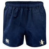 The Five Star Rugby Professional Polyester Rugby Short by EMB Canterbury features an elastic waistband, convenient pockets, the Canterbury logo on the left leg, and a bird crest on the right leg.