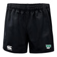 Black polyester rugby shorts with an elastic waistband, featuring "EMB Canterbury" and "Siena Rugby" logos. The Siena College Professional Polyester Rugby Short by Canterbury is perfect for those who demand style and performance on the field.