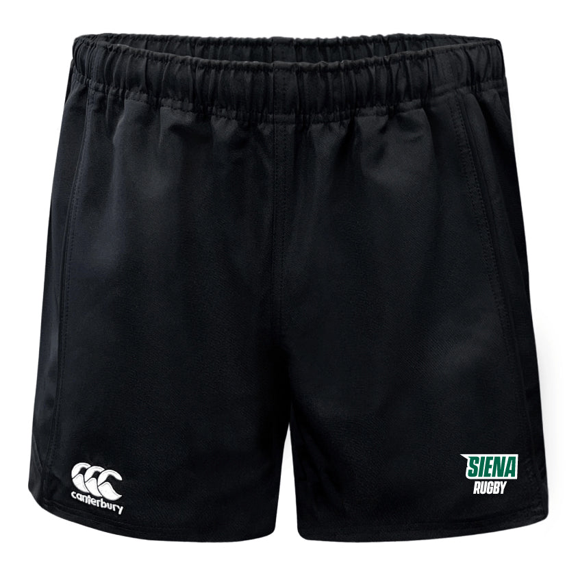 Black polyester rugby shorts with an elastic waistband, featuring "EMB Canterbury" and "Siena Rugby" logos. The Siena College Professional Polyester Rugby Short by Canterbury is perfect for those who demand style and performance on the field.