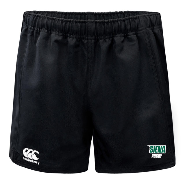 Black polyester rugby shorts with an elastic waistband, featuring "EMB Canterbury" and "Siena Rugby" logos. The Siena College Professional Polyester Rugby Short by Canterbury is perfect for those who demand style and performance on the field.