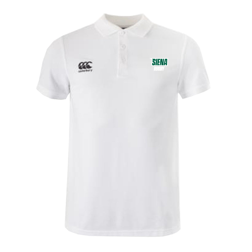 The Siena College Waimak Polo by EMB Canterbury is a white classic featuring a collar, the Canterbury logo on the left, and "Siena Rugby" text on the right. Made from a cotton-polyester blend, it balances style and performance.