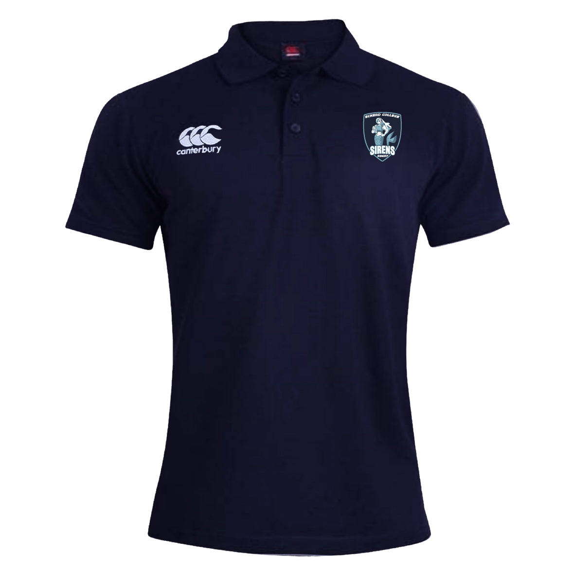 Navy blue EMB Canterbury Eckerd College Waimak Polo with a white CCC Waimak Rugby Polo logo on the right chest and a shield-shaped Sirens team logo on the left chest.