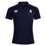The Five Star Rugby Waimak Polo by EMB Canterbury is a navy short-sleeve collared polo featuring a CCC logo on the right chest and an embroidered star crest on the left.