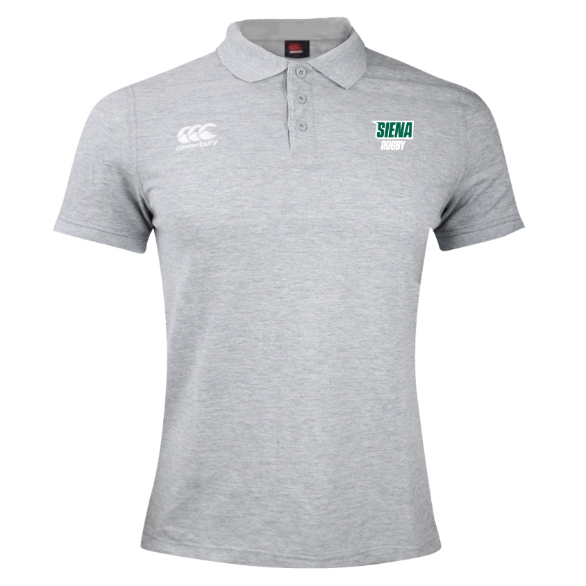 The EMB Canterbury Siena College Waimak Polo, in gray, features a buttoned collar and two logos: a stylized kiwi bird and "Siena Rugby." Made from a comfy cotton-polyester blend, it's perfect for fans.