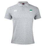 The EMB Canterbury Siena College Waimak Polo, in gray, features a buttoned collar and two logos: a stylized kiwi bird and "Siena Rugby." Made from a comfy cotton-polyester blend, it's perfect for fans.