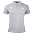 The Play Rugby USA Waimak Polo by EMB Canterbury is a light grey men's rugby shirt with a collar, three buttons, and embroidered Canterbury and "Play Rugby" logos on the chest.