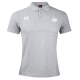 The Play Rugby USA Waimak Polo by EMB Canterbury is a light grey men's rugby shirt with a collar, three buttons, and embroidered Canterbury and "Play Rugby" logos on the chest.