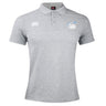 The Play Rugby USA Waimak Polo by EMB Canterbury is a light grey men's rugby shirt with a collar, three buttons, and embroidered Canterbury and "Play Rugby" logos on the chest.