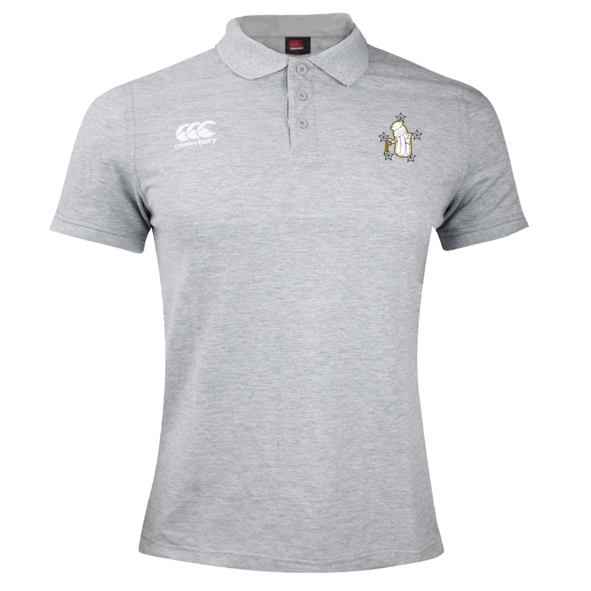 The EMB Canterbury Five Star Rugby Waimak Polo is a light grey men’s shirt featuring a white right-chest logo and embroidered left emblem, blending classic comfort and style for rugby fans and players alike.