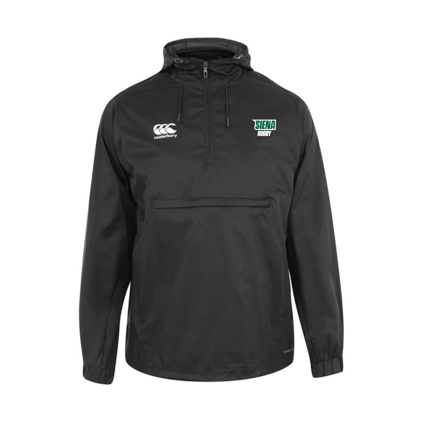The Siena College Packaway Jacket by EMB Canterbury is a black pullover with a hood, made of water-resistant nylon taffeta, featuring an embroidered Canterbury logo on the left chest and "Siena Rugby" text on the right chest.