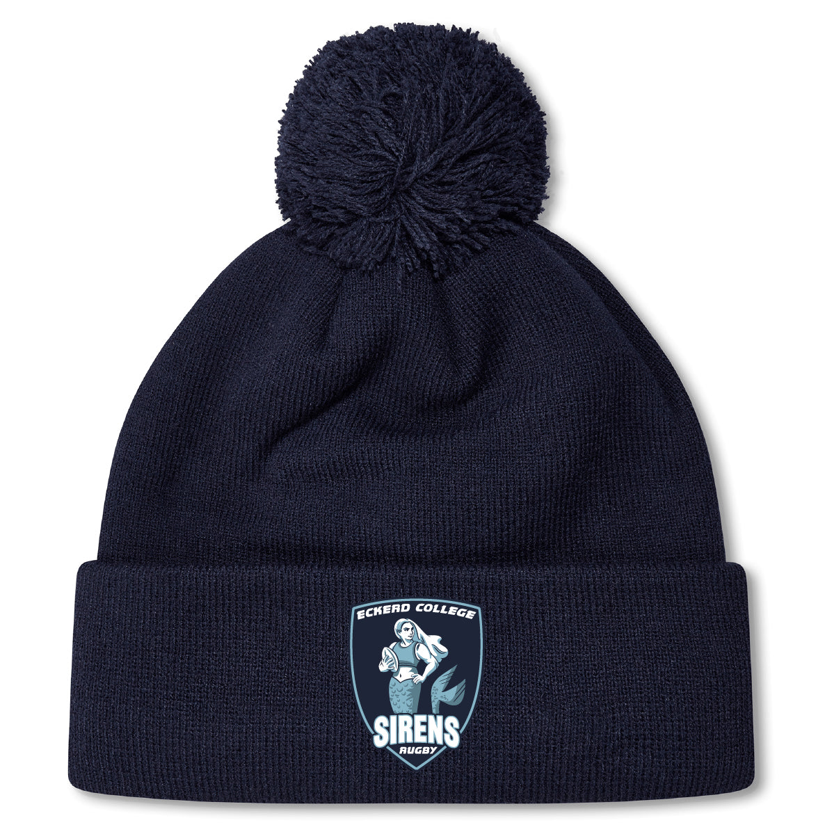 The Eckerd College Pom Pom Beanie by Canterbury, from EMB Canterbury, is a navy blue rugby hat with a fleece-lined interior, front cuff logo patch, and pom-pom on top.