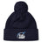 Stay warm on game days with the Play Rugby USA Pom Pom Beanie by EMB Canterbury, featuring a navy blue design, cozy fleece lining, and a white-and-blue "Play Rugby USA" logo on the cuff.