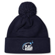 Stay warm on game days with the Play Rugby USA Pom Pom Beanie by EMB Canterbury, featuring a navy blue design, cozy fleece lining, and a white-and-blue "Play Rugby USA" logo on the cuff.