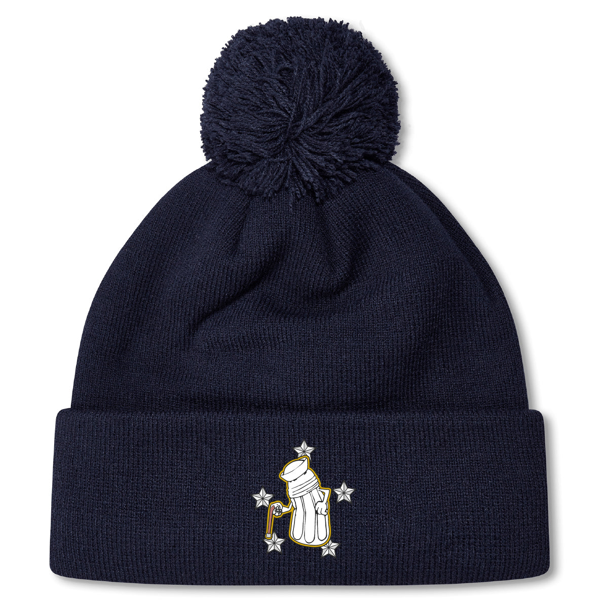 The Five Star Rugby Pom Pom Beanie by EMB Canterbury is a navy blue knit hat with a pom-pom, featuring an embroidered glove holding a candy cane surrounded by stars on the front fold.