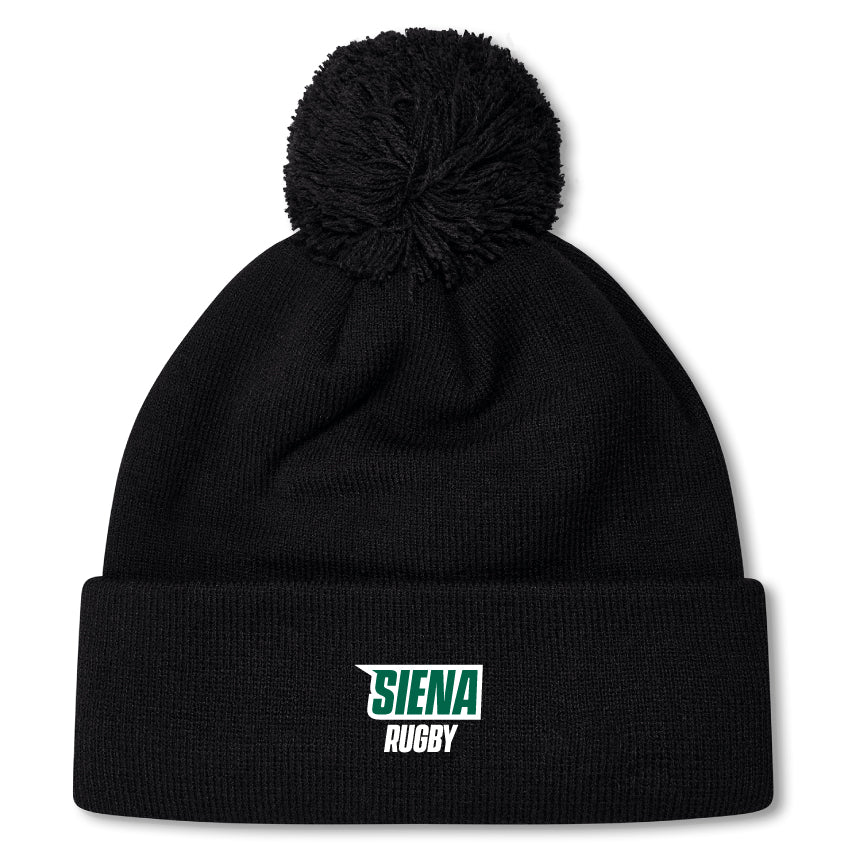 A black EMB Canterbury beanie, featuring a cozy fleece lining and pom-pom, displays "Siena" and "Rugby" in green and white text on its folded brim.