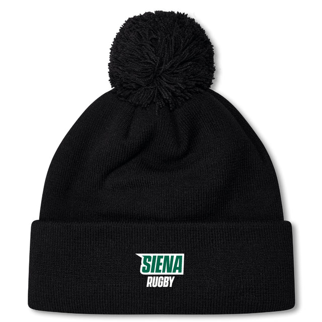 A black EMB Canterbury beanie, featuring a cozy fleece lining and pom-pom, displays "Siena" and "Rugby" in green and white text on its folded brim.