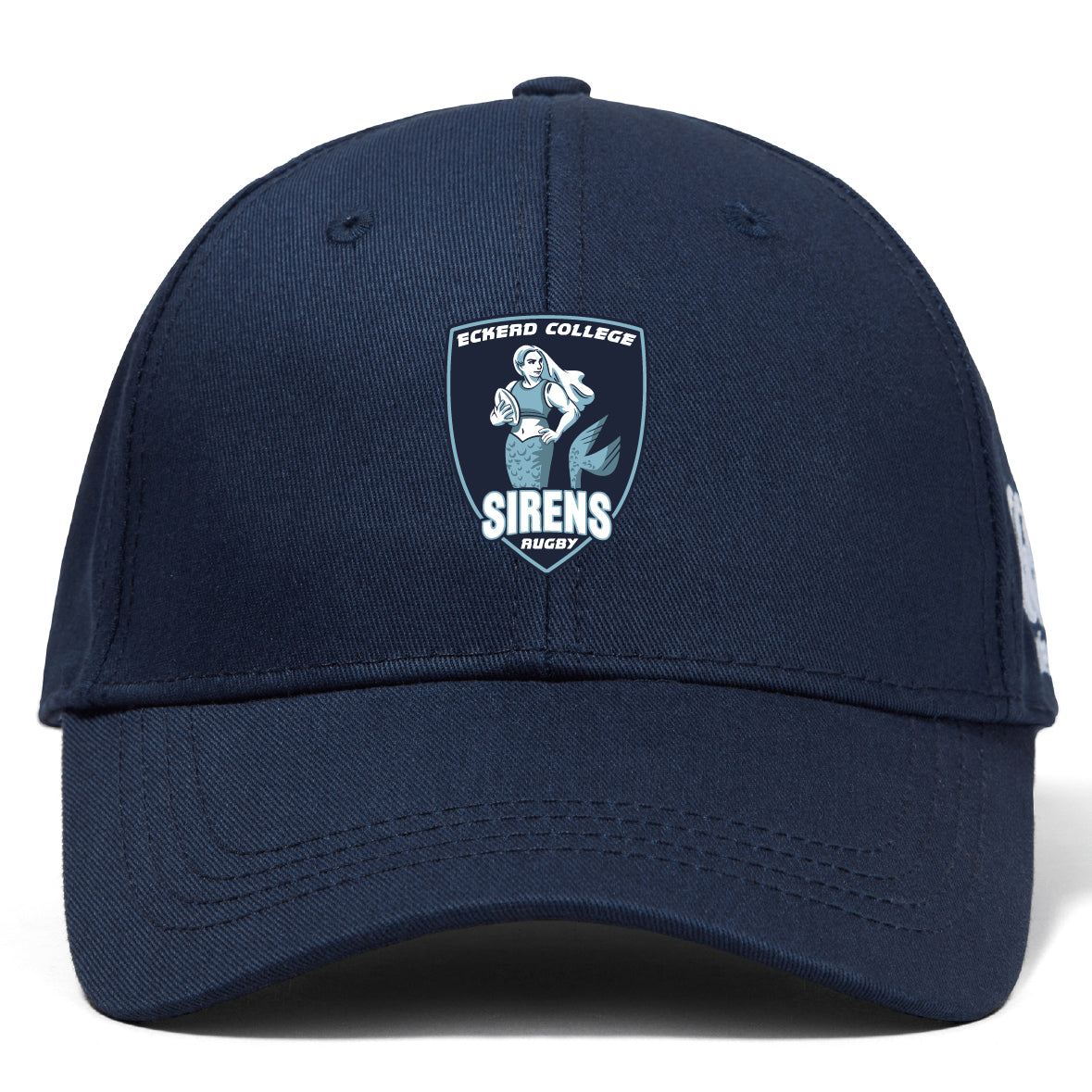 The EMB Canterbury Eckerd College Flexfit Drill Cap features an embroidered Sirens Rugby logo with a stylized siren holding a rugby ball on the front.