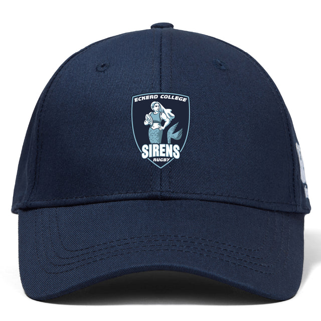 The EMB Canterbury Eckerd College Flexfit Drill Cap features an embroidered Sirens Rugby logo with a stylized siren holding a rugby ball on the front.