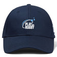 The Play Rugby USA Flexfit Drill Cap by Canterbury features a navy blue curved brim and displays the "Play Rugby USA" logo in white and light blue with three stars above, made by EMB Canterbury.