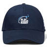 The Play Rugby USA Flexfit Drill Cap by Canterbury features a navy blue curved brim and displays the "Play Rugby USA" logo in white and light blue with three stars above, made by EMB Canterbury.