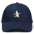 The Five Star Rugby Flexfit Drill Cap by EMB Canterbury features a navy blue design with an embroidered white golf bag and clubs surrounded by five stars on the front.