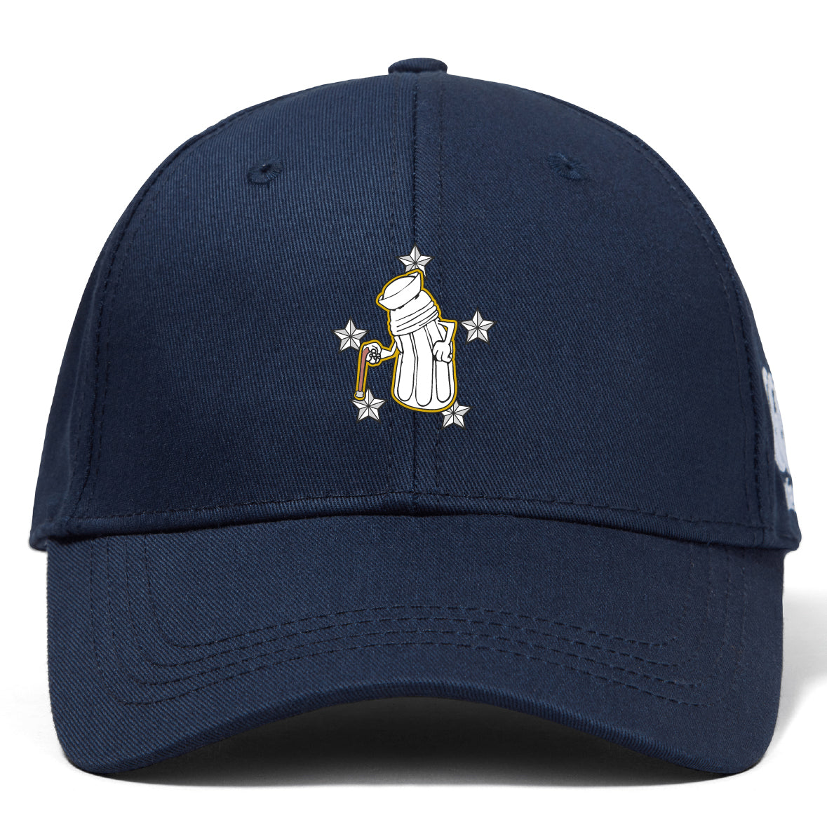 The Five Star Rugby Flexfit Drill Cap by EMB Canterbury features a navy blue design with an embroidered white golf bag and clubs surrounded by five stars on the front.