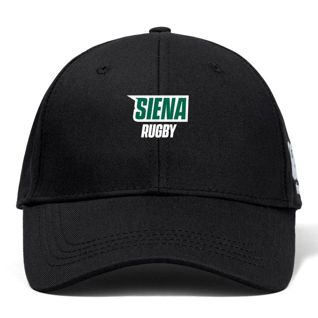 The Siena College Flexfit Drill Cap by EMB Canterbury has a flat peak and an embroidered "Siena Rugby" logo in green and white on the front.