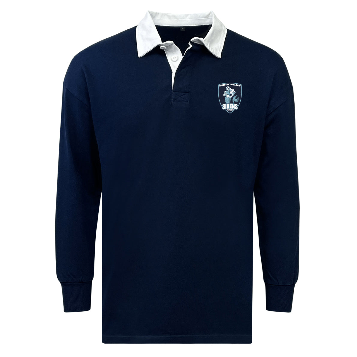 The EMB Mudoo Eckerd College Classic Long Sleeve Solid Rugby Jersey features a navy blue design, white collar, and a left chest crest with a helmeted figure and the word "SIRENS.