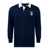 The EMB Mudoo Eckerd College Classic Long Sleeve Solid Rugby Jersey features a navy blue design, white collar, and a left chest crest with a helmeted figure and the word "SIRENS.