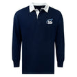 The EMB Mudoo Play Rugby USA Classic Long Sleeve Solid Rugby Jersey features a navy blue design with a white collar and cuffs, plus a "Play Rugby" logo on the upper left chest.