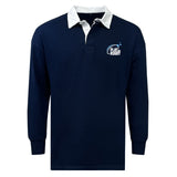 The EMB Mudoo Play Rugby USA Classic Long Sleeve Solid Rugby Jersey features a navy blue design with a white collar and cuffs, plus a "Play Rugby" logo on the upper left chest.