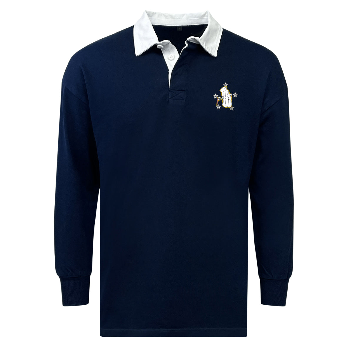 The EMB Mudoo Five Star Rugby Classic Long Sleeve Solid Rugby Jersey in navy blue features a white collar and a small embroidered penguin logo on the left chest.