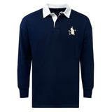 The EMB Mudoo Five Star Rugby Classic Long Sleeve Solid Rugby Jersey in navy blue features a white collar and a small embroidered penguin logo on the left chest.