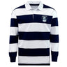 The EMB Mudoo Eckerd College Classic Long Sleeve Hooped Rugby Jersey features bold navy and white stripes, a collar, and a Sirens badge on the chest—blending classic rugby style with everyday comfort.