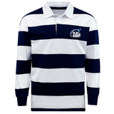 The EMB Mudoo Play Rugby USA Classic Long Sleeve Hooped Rugby Jersey features wide navy and white stripes, a white collar, and a "Play Rugby" logo on the chest for timeless style and comfort.
