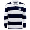 The EMB Mudoo Play Rugby USA Classic Long Sleeve Hooped Rugby Jersey features wide navy and white stripes, a white collar, and a "Play Rugby" logo on the chest for timeless style and comfort.