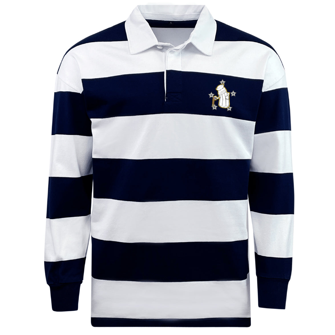 The EMB Mudoo Five Star Rugby Classic Long Sleeve Hooped Rugby Jersey features bold navy and white stripes, a crisp white collar, and an embroidered penguin and stars logo—vintage rugby style with modern comfort.
