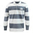 The EMB Mudoo Play Rugby USA Classic Long Sleeve Hooped Rugby Jersey features wide gray and white stripes, a white collar, and a “Play Rugby” logo on the chest for a timeless vintage look.