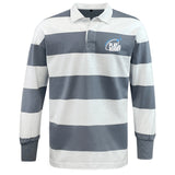 The EMB Mudoo Play Rugby USA Classic Long Sleeve Hooped Rugby Jersey features wide gray and white stripes, a white collar, and a “Play Rugby” logo on the chest for a timeless vintage look.