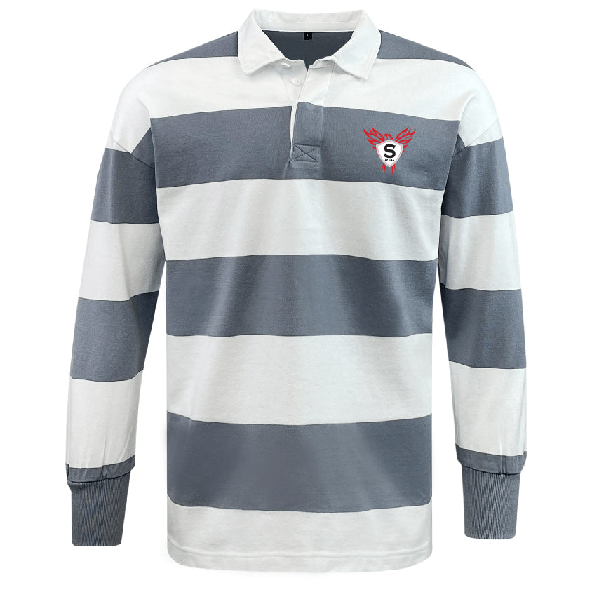 The EMB Mudoo Superior Rugby Classic Long Sleeve Hooped Jersey features wide gray and white stripes, a collar, and a red heart with an "S" logo on the left chest—ideal for classic leisurewear style.