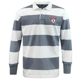 The EMB Mudoo Superior Rugby Classic Long Sleeve Hooped Jersey features wide gray and white stripes, a collar, and a red heart with an "S" logo on the left chest—ideal for classic leisurewear style.