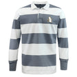 The EMB Mudoo Five Star Rugby Classic Long Sleeve Hooped Rugby Jersey features wide grey and white stripes and a small embroidered llama holding a trophy on the left chest.