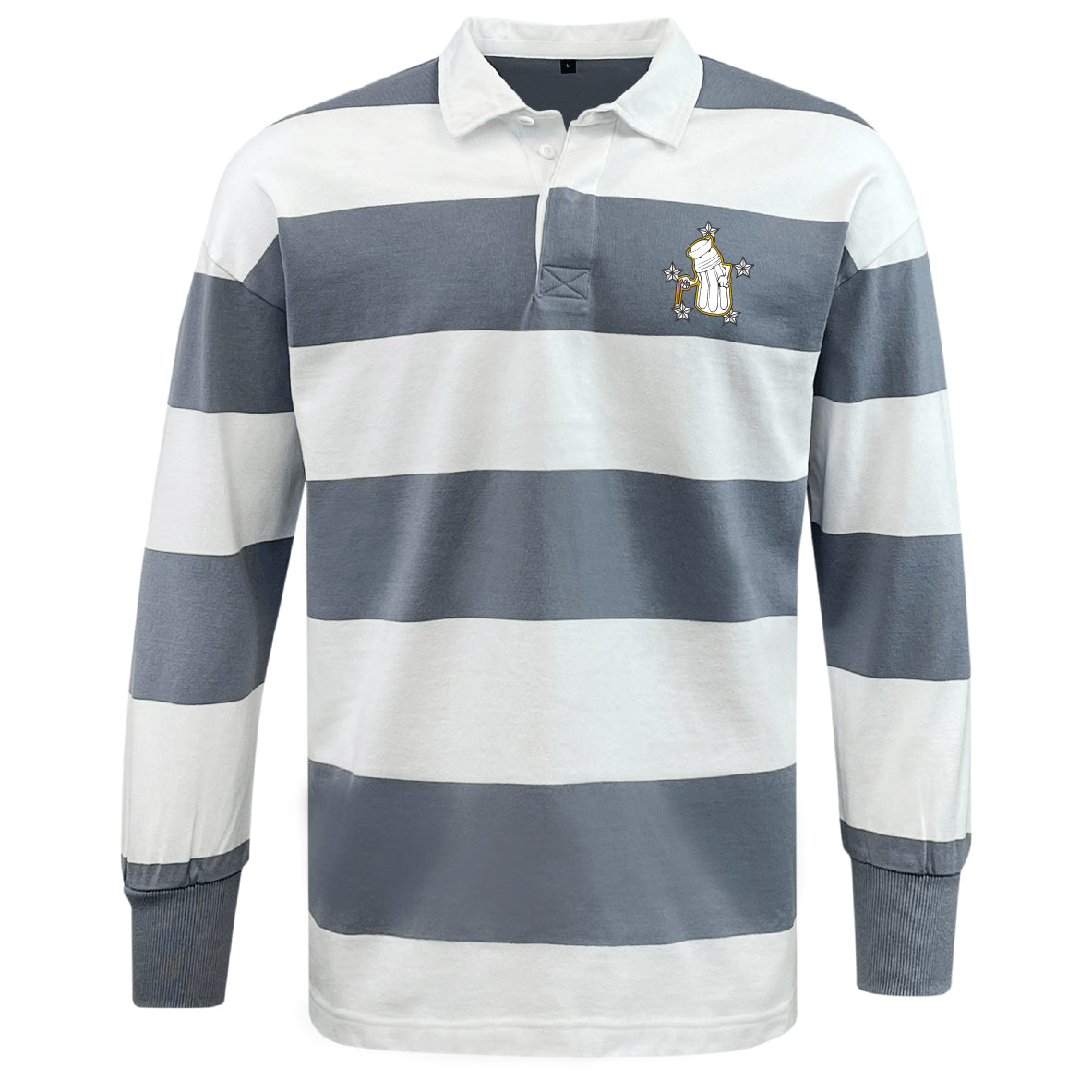 The EMB Mudoo Five Star Rugby Classic Long Sleeve Hooped Rugby Jersey features wide grey and white stripes and a small embroidered llama holding a trophy on the left chest.