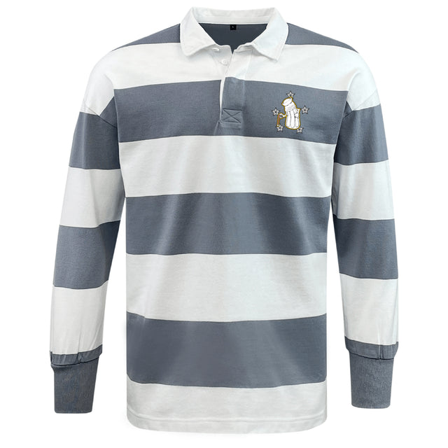 The EMB Mudoo Five Star Rugby Classic Long Sleeve Hooped Rugby Jersey features wide grey and white stripes and a small embroidered llama holding a trophy on the left chest.