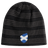 A Scotland Shield Beanie by EMB Canterbury in black and gray stripes, featuring a shield patch on the front.