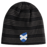 A Scotland Shield Beanie by EMB Canterbury in black and gray stripes, featuring a shield patch on the front.
