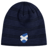 The EMB Canterbury Scotland Shield Beanie is a navy blue knit hat featuring horizontal stripes and a small blue and white shield emblem with the Scottish flag.